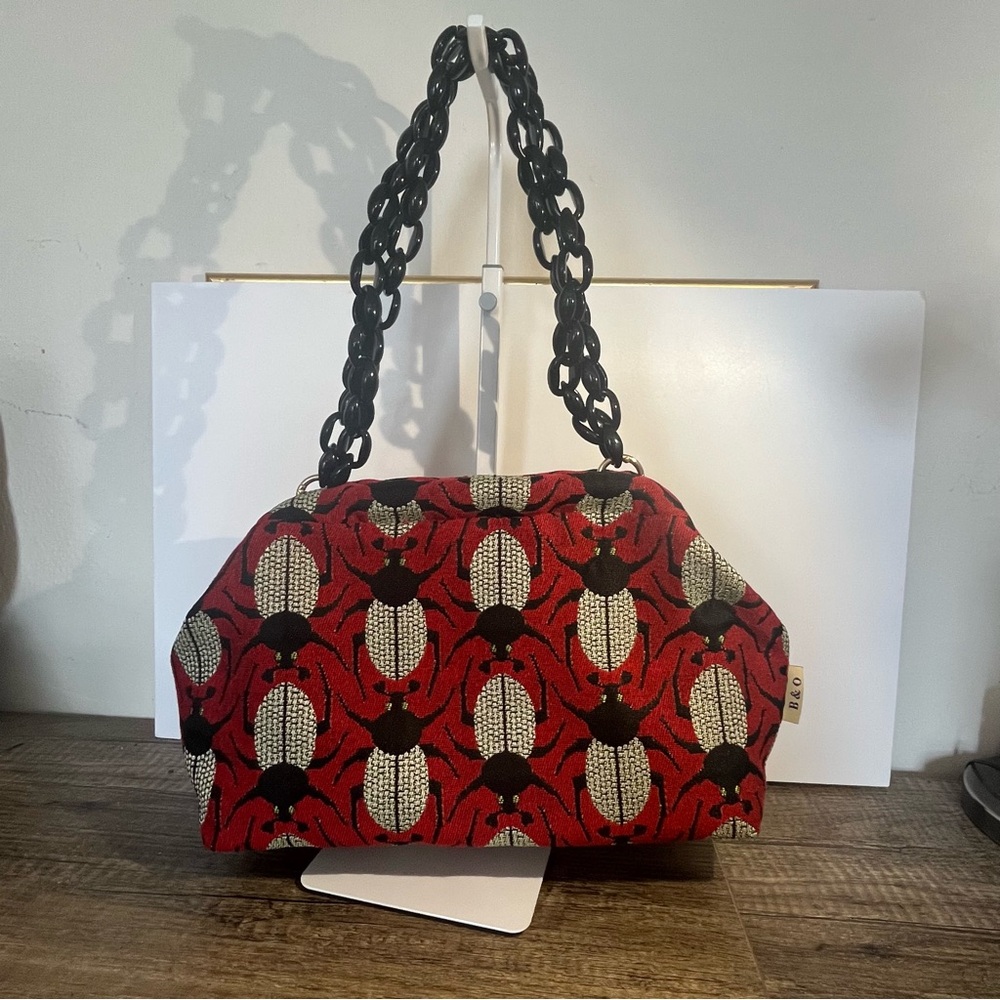 Beetle Print Statement Bag Red Tapestry Purse Chunky Chain Handle